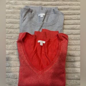 New York & company Red V-Neck Sweater with Silver Metallic Top bundle of 2